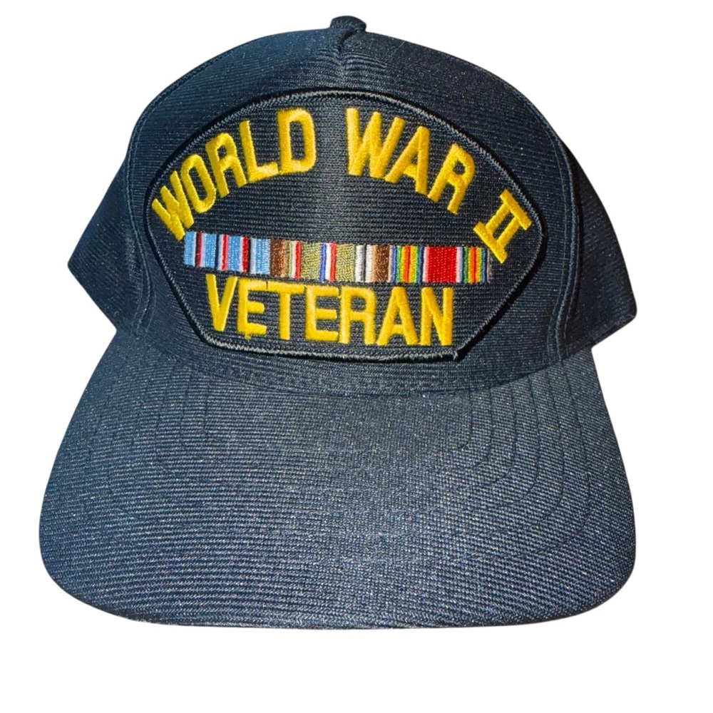World War II Veteran Cap Military Eagle Crest Hat Adjustable Made In USA Black